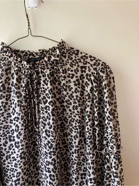 Dynamite Sheer Leopard Cheetah Print Ruffle Neck Long Sleeve Blouse